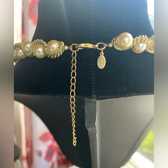 Kenneth J Lane Graduated Faux Pearls Wrapped in Gold Tone Double Chain Necklace
